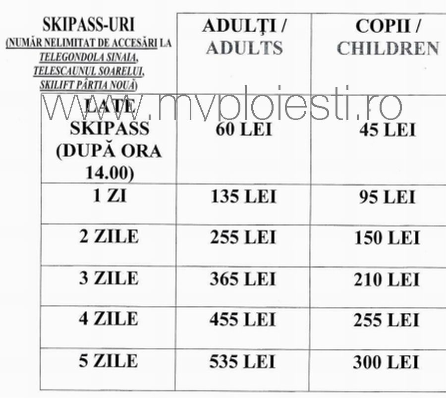 Preturi SKIPASS - Telegondola Sinaia, SkiLift, Telescaunul Soarelui - Sinaia - 2013-2014