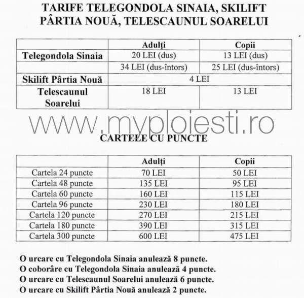 Tarife TELEGONDOLA SINAIA - iarna 2013-2014